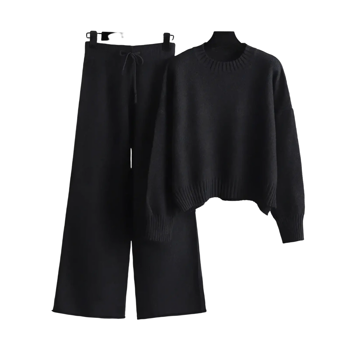 Black knitted wide leg pants set featuring a long sleeve sweater and matching pants made from soft knit fabric