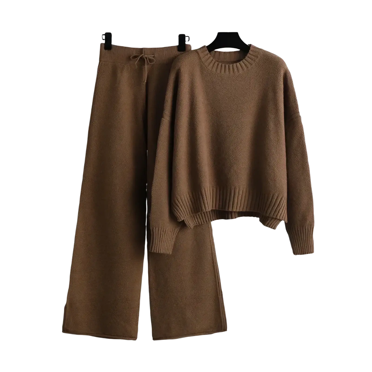 Caramel-colored knit sweater set with ribbed cuffs and hem featuring a cozy crew neck design in knitted wide leg pants set