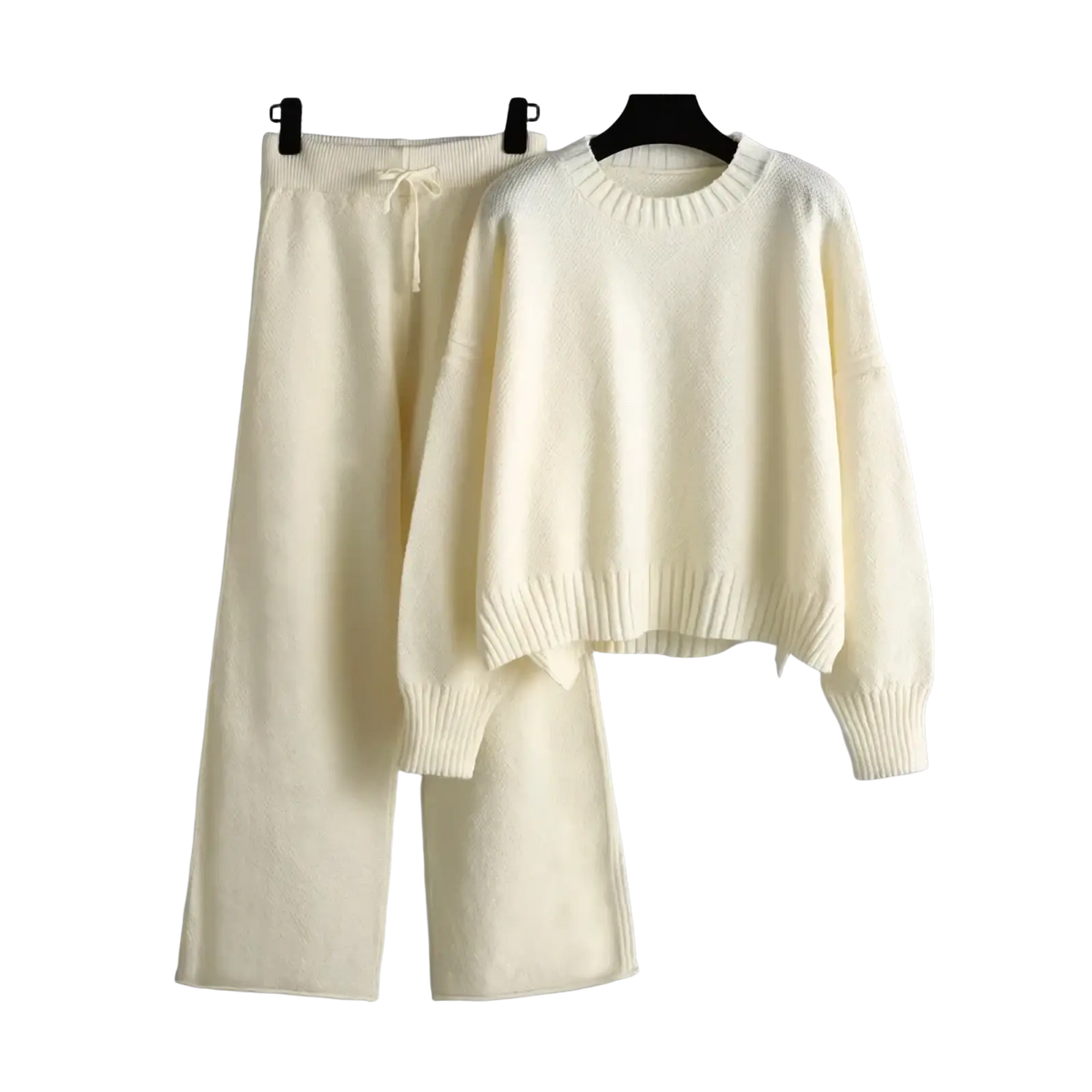 Cream-colored knitted wide leg pants set with oversized ribbed sweater and elastic waistband drawstring pants
