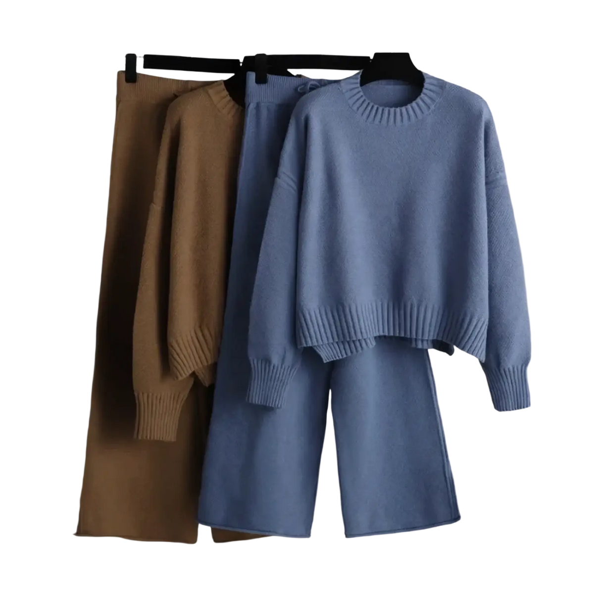 Light blue knitted wide leg pants set with ribbed crew neckline and cuffs featuring a knit sweater and matching pants