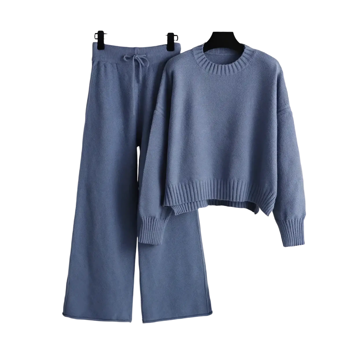 Soft blue knitted wide leg pants set featuring a matching cropped sweater in a comfortable knit fabric