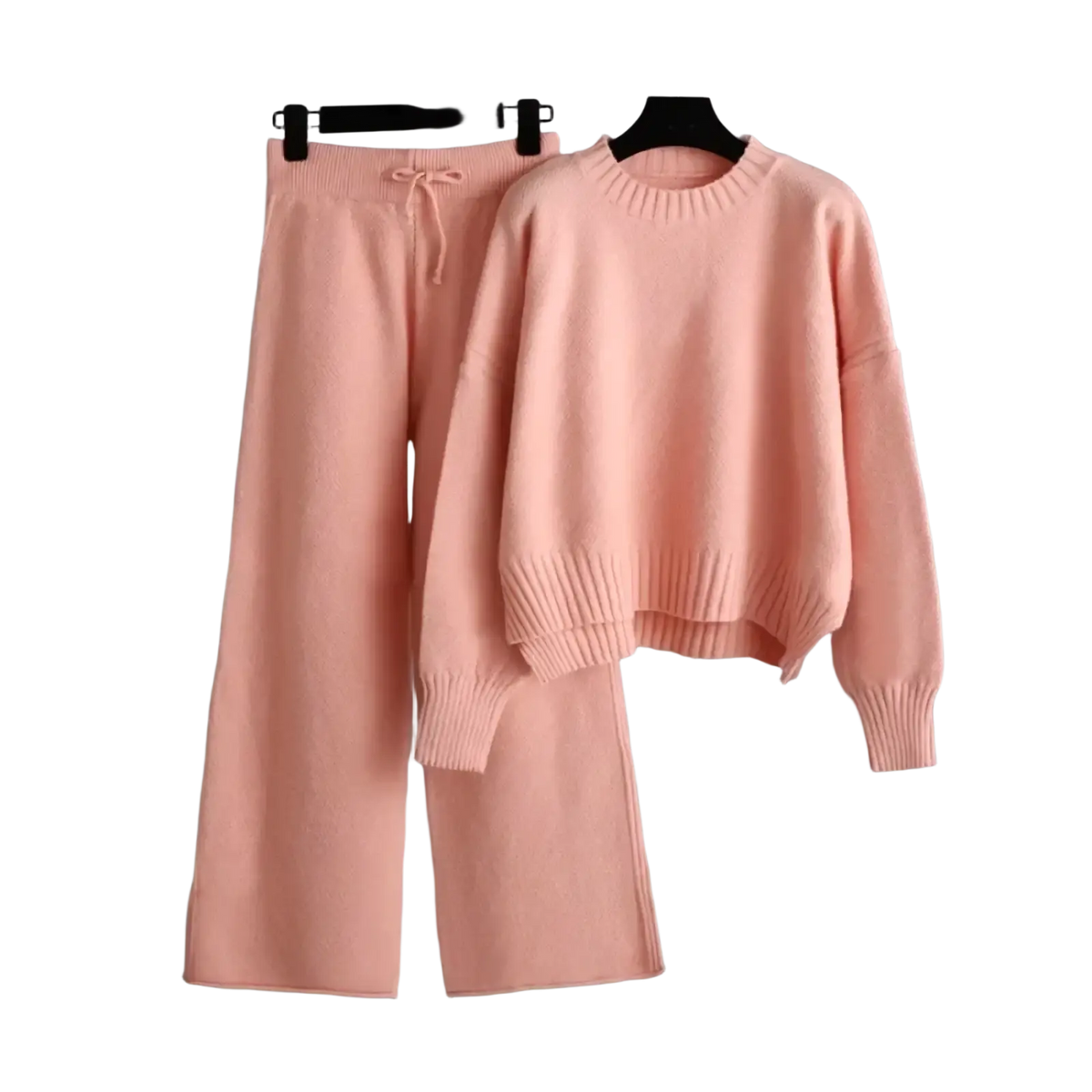 Soft pink knit knitted wide leg pants set with ribbed cuffs and hem featuring cozy crewneck top and wide-leg pants