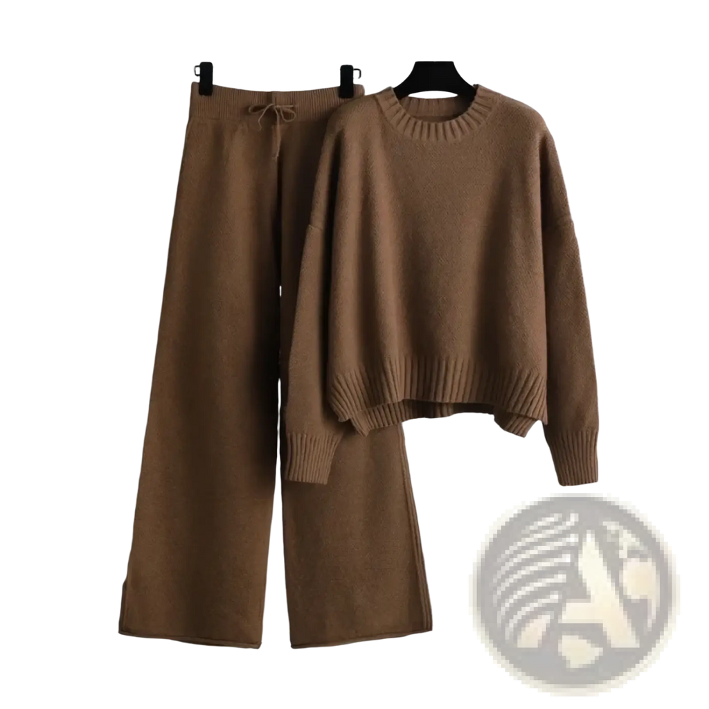 Tan knit sweater set with ribbed cuffs and hem featuring a cozy crew neck design paired with wide leg pants