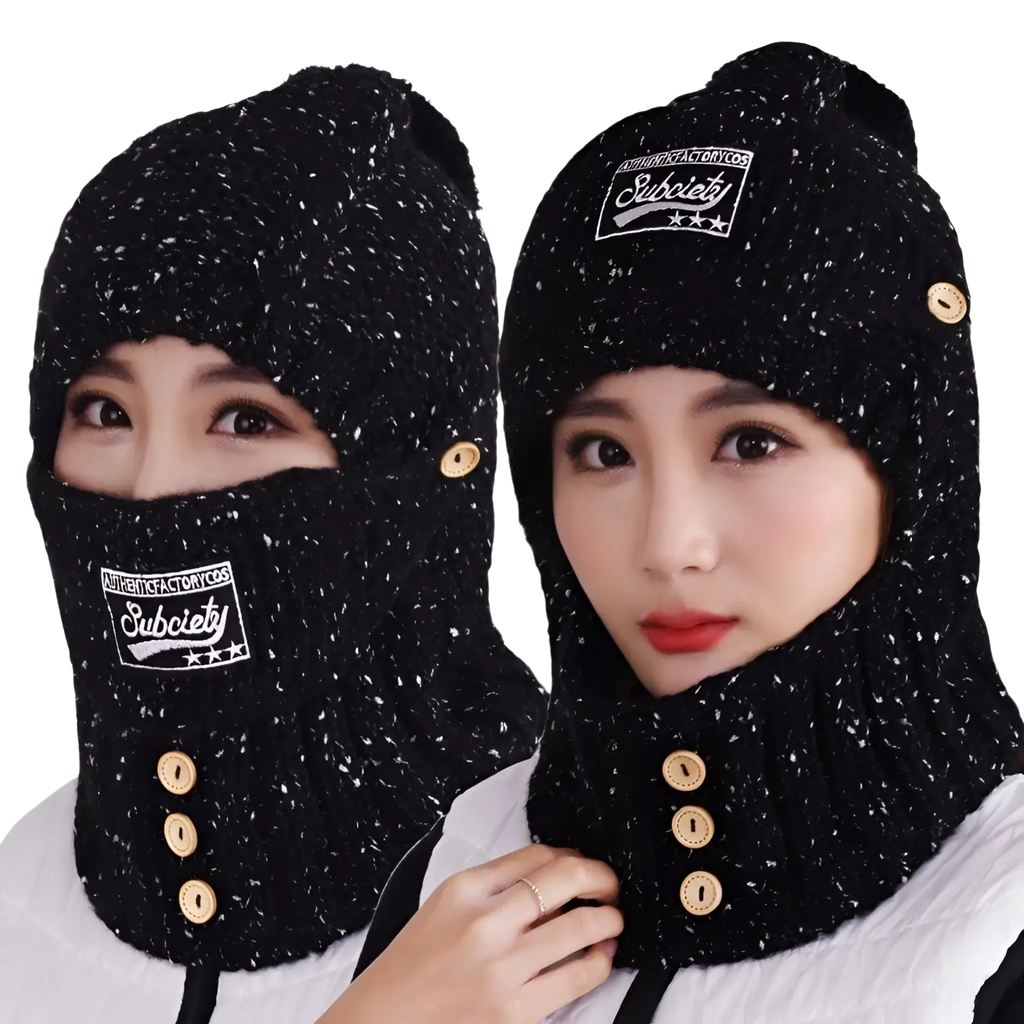 Black knit winter balaclava with face mask and gold-tone buttons featuring speckled texture and subciet patch