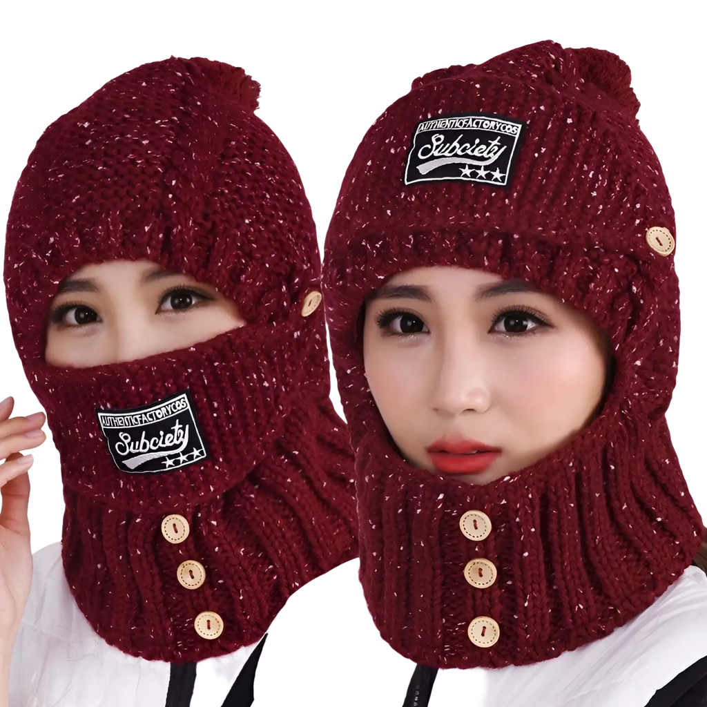 Maroon knitted winter balaclava with warm fleece cycling mask and button closure for cold weather use