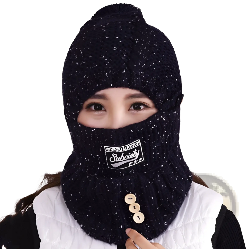 Black knitted winter balaclava with white speckles, pom-pom top, and three buttons, warm fleece for cycling mask