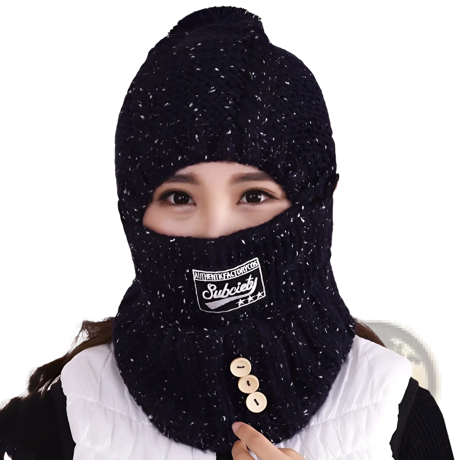 Black knitted winter balaclava with white speckles, pom-pom top, and three buttons, warm fleece for cycling mask