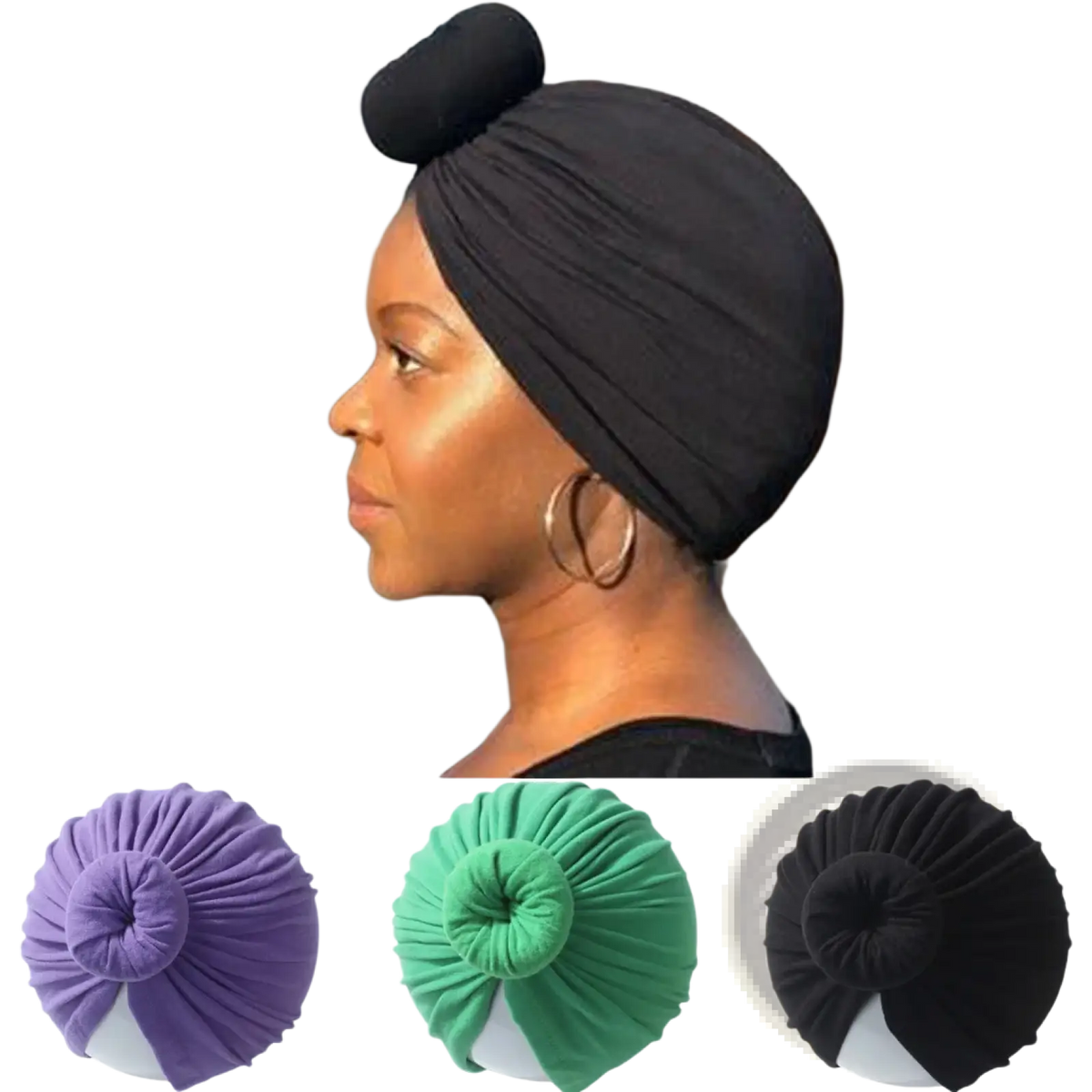 Black knot turban hat with gathered twisted top made of soft cotton for muslim hijab use
