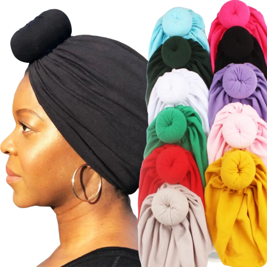 Black knitted soft cotton knot turban hat with a matching pom-pom top for muslim hijab cap wear
