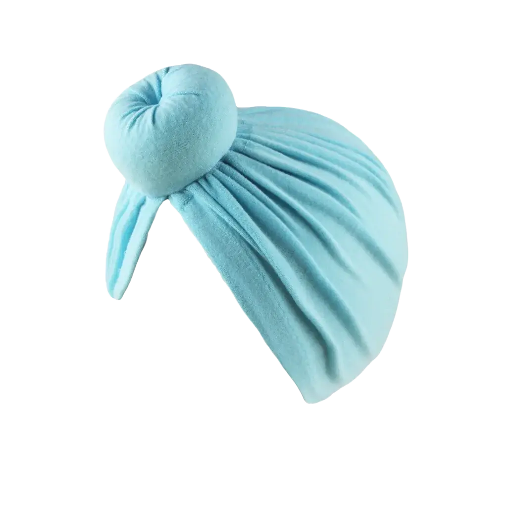 Light blue soft cotton velvet knot turban hat with gathered knot and flowing pleats for muslim hijab cap