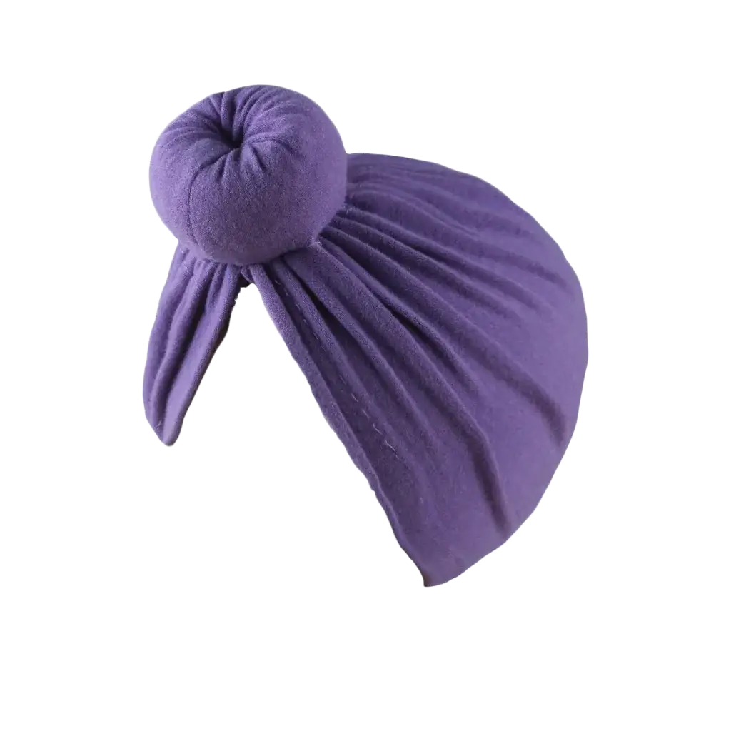 Purple knotted turban hat made of soft cotton fabric designed as a muslim hijab cap