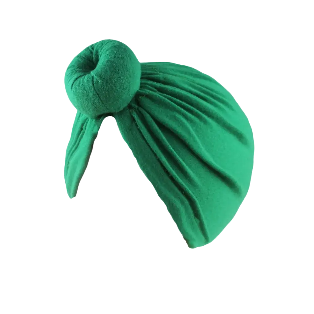 A vibrant green knot turban hat made of soft stretchy cotton with a gathered design and a prominent top knot