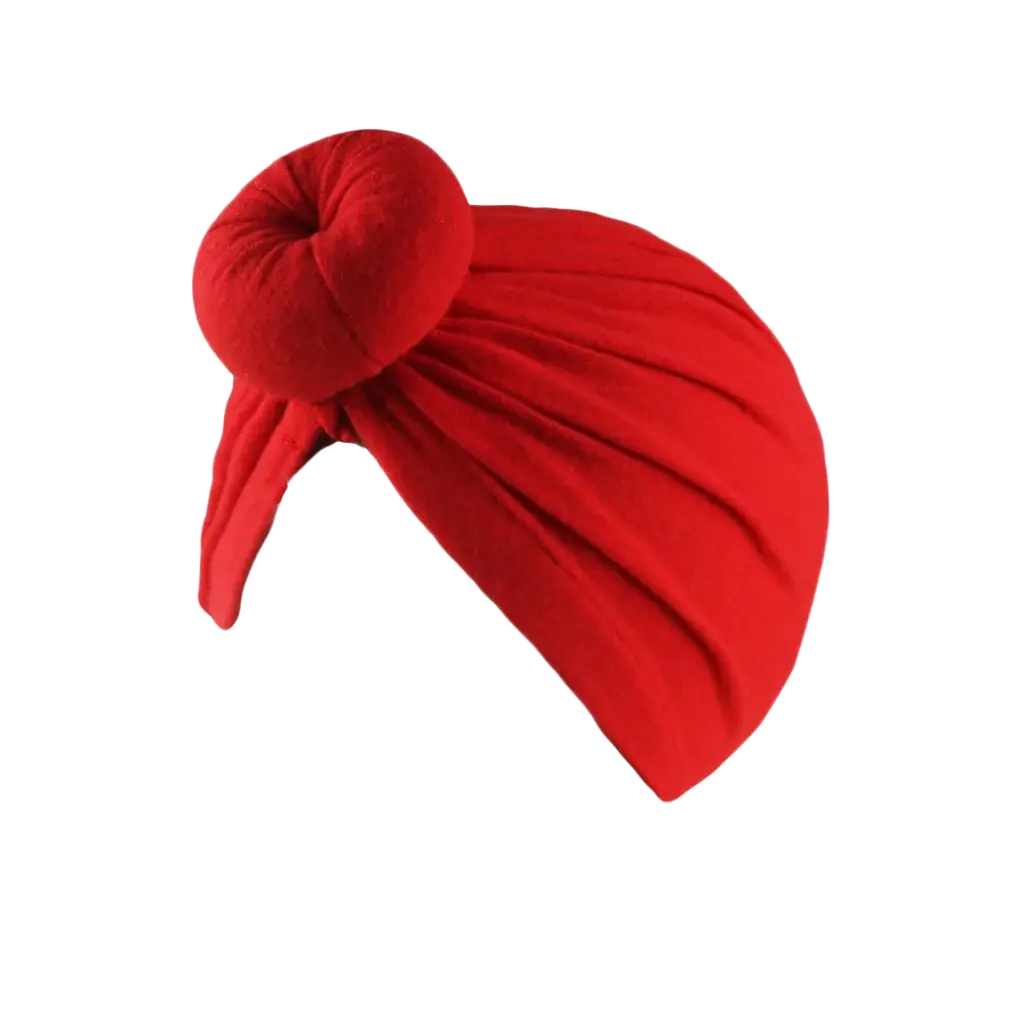 Vibrant red velvet knot turban hat made of soft cotton with a plush texture and prominent twisted knot on top