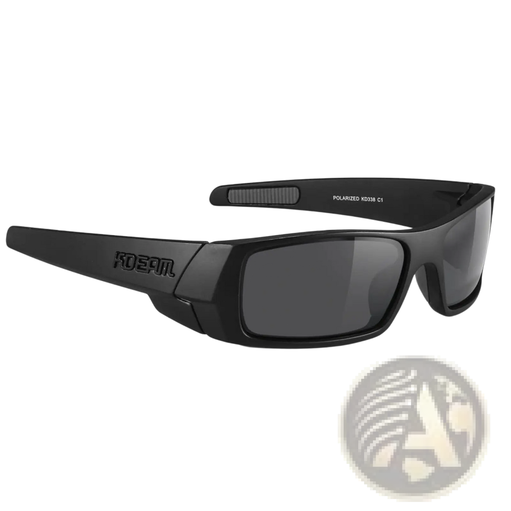 Koda sport polarized square sunglasses with matte black frames and non-mirrored black polarized lenses