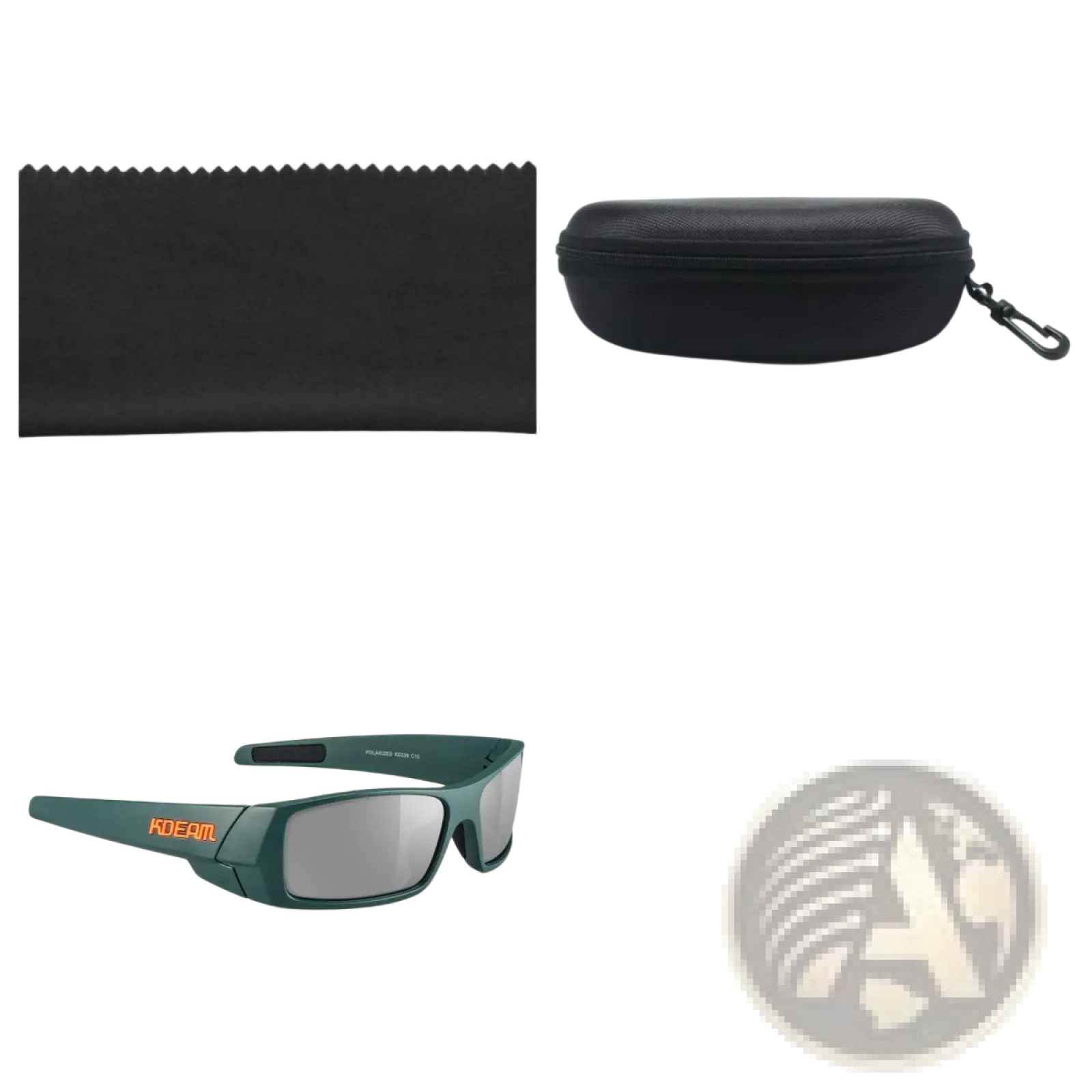 Koda Sport polarized square sunglasses with dark green frame, mirrored smoky gray lenses, and orange temple branding