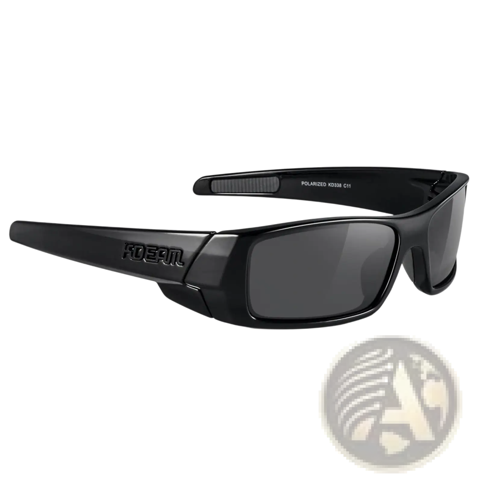 Koda Sport polarized black square sunglasses with bright black frame and non-mirrored lenses featuring Foeam logo