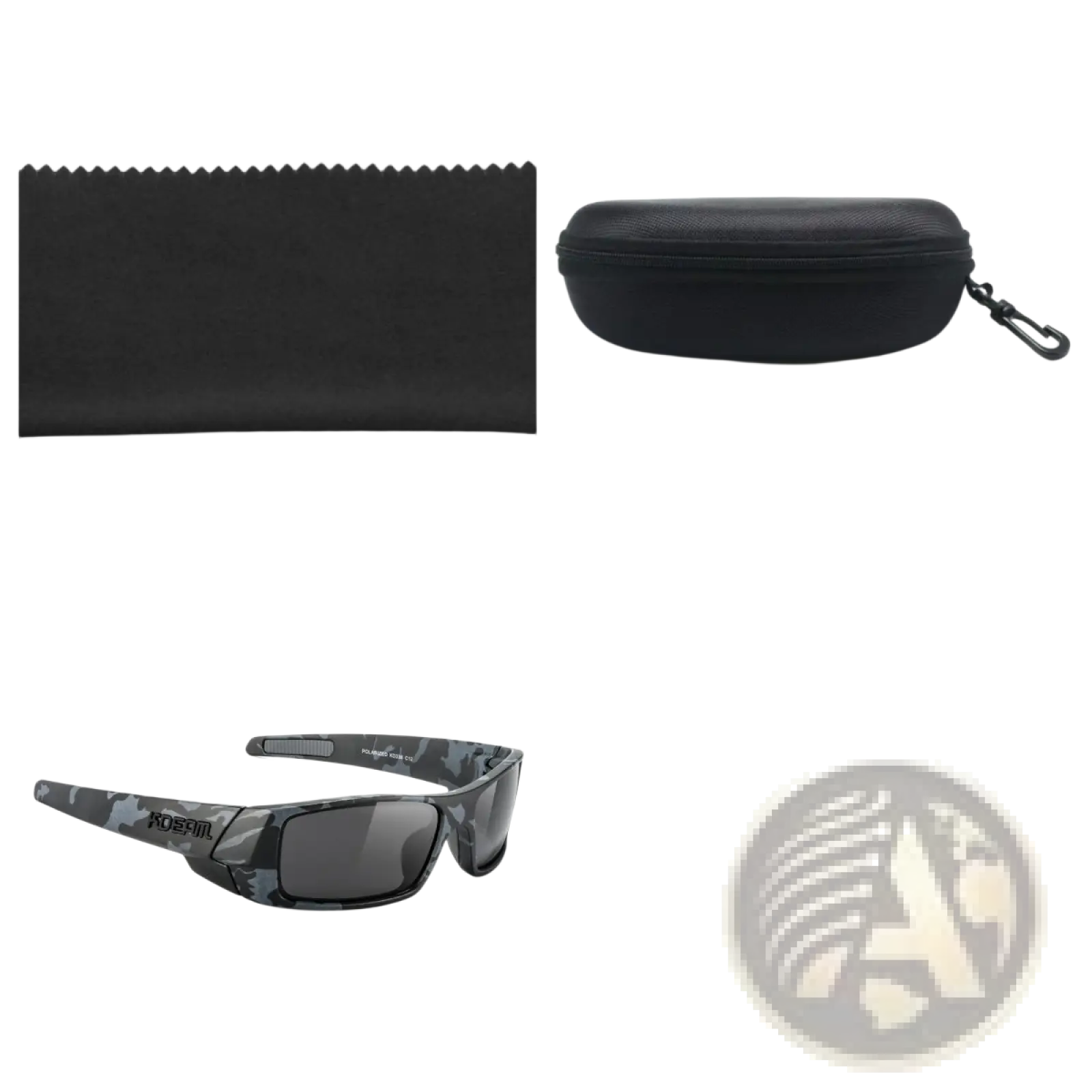Koda Sport polarized square sunglasses with black camouflage frame and non-mirrored black lenses