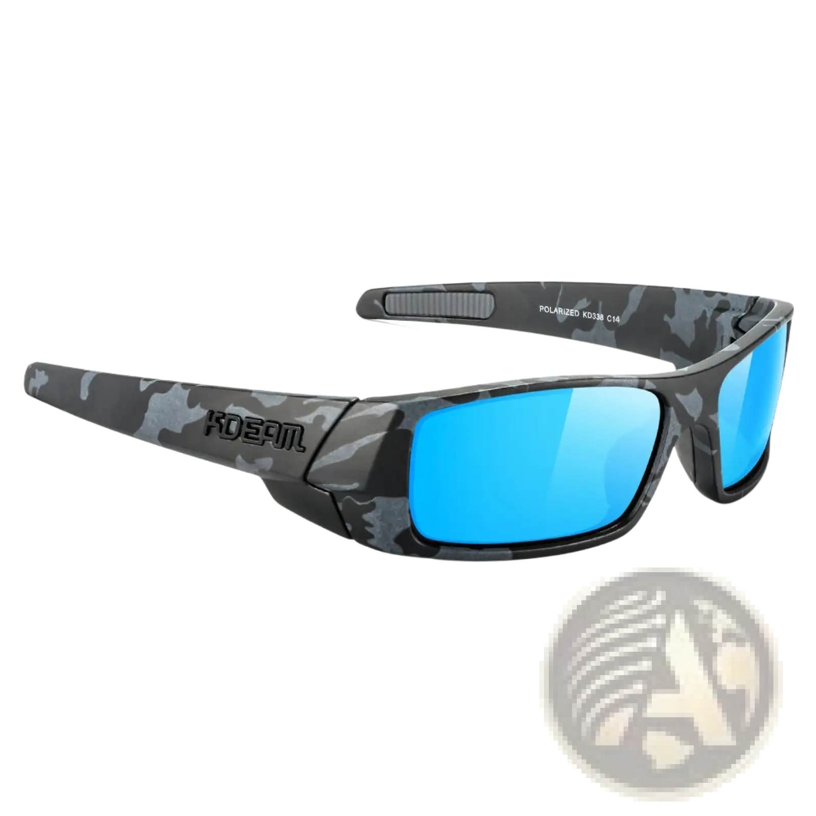 Koda sport polarized square sunglasses with mixed-color camouflage frame and mirrored ice blue lenses