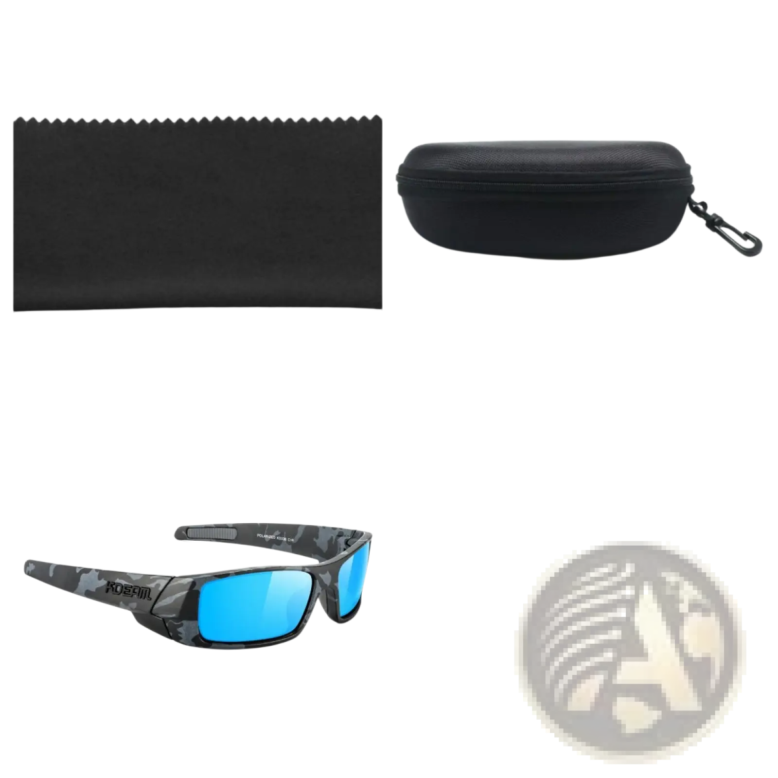 Koda sport polarized square sunglasses with black camouflage frame and mirrored ice blue lenses