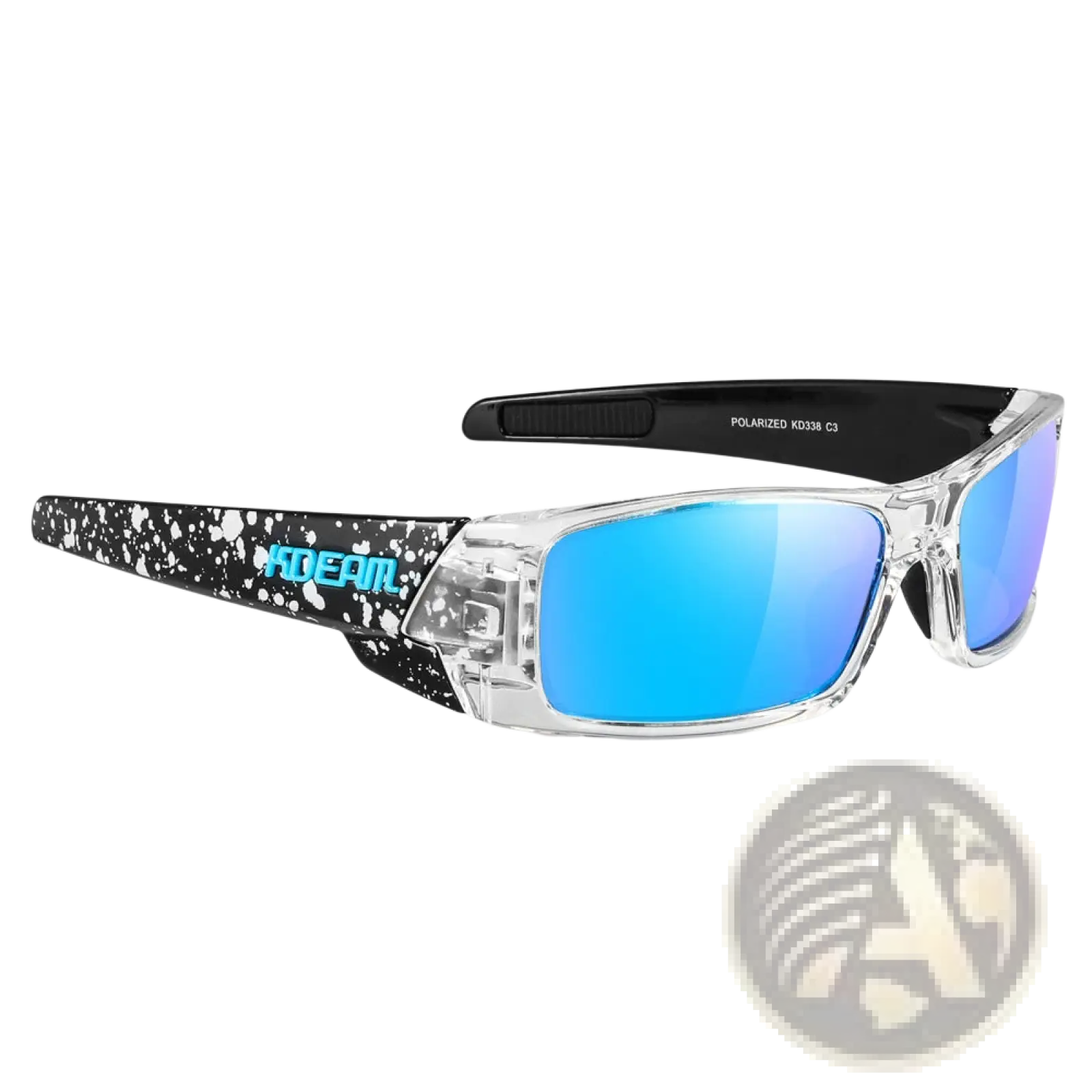 Koda Sport polarized square sunglasses with clear frames, mirrored ice blue lenses, and black speckled arms by kdeair