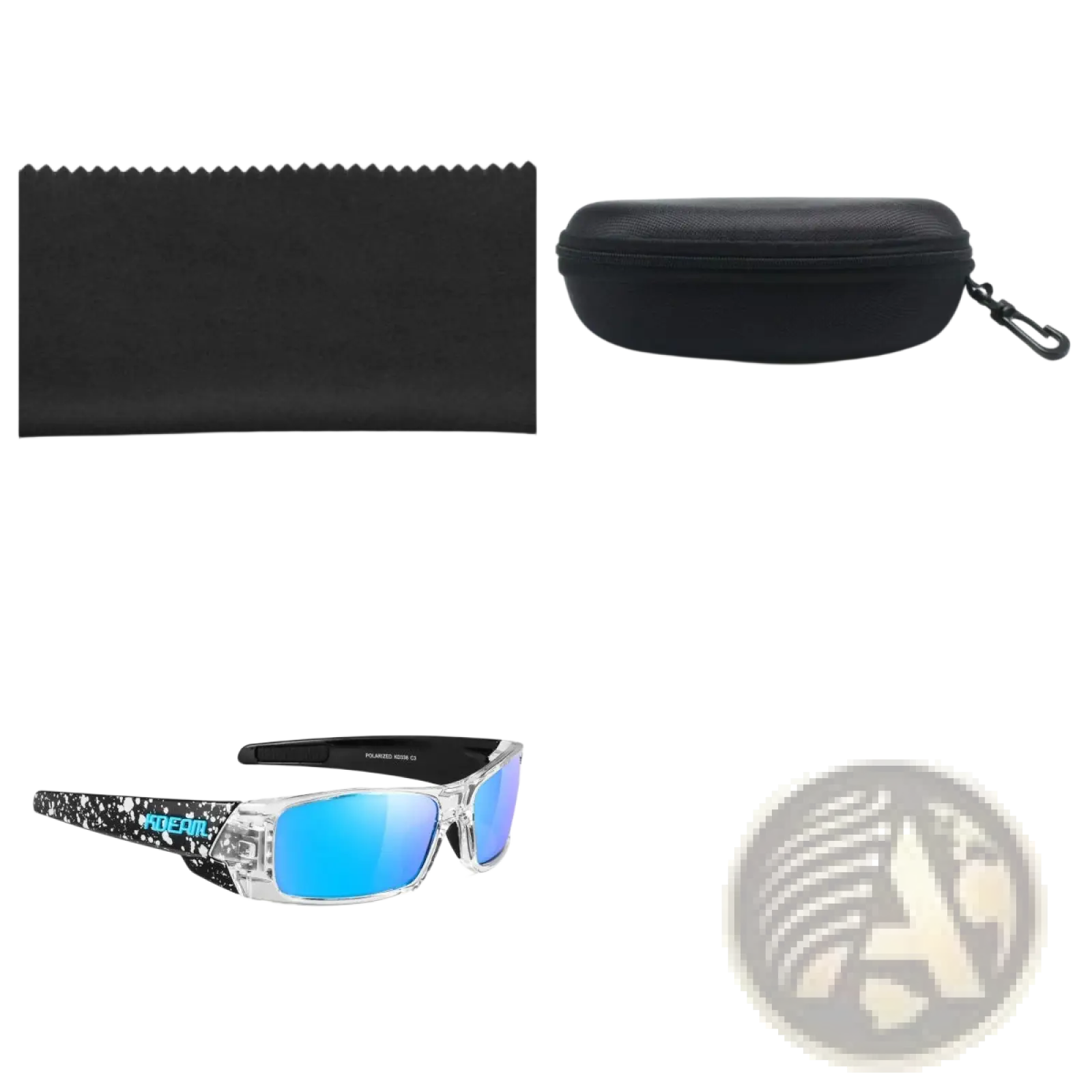 Koda Sport polarized square mirror lens sunglasses with clear frames blue mirrored lenses and black speckled temples