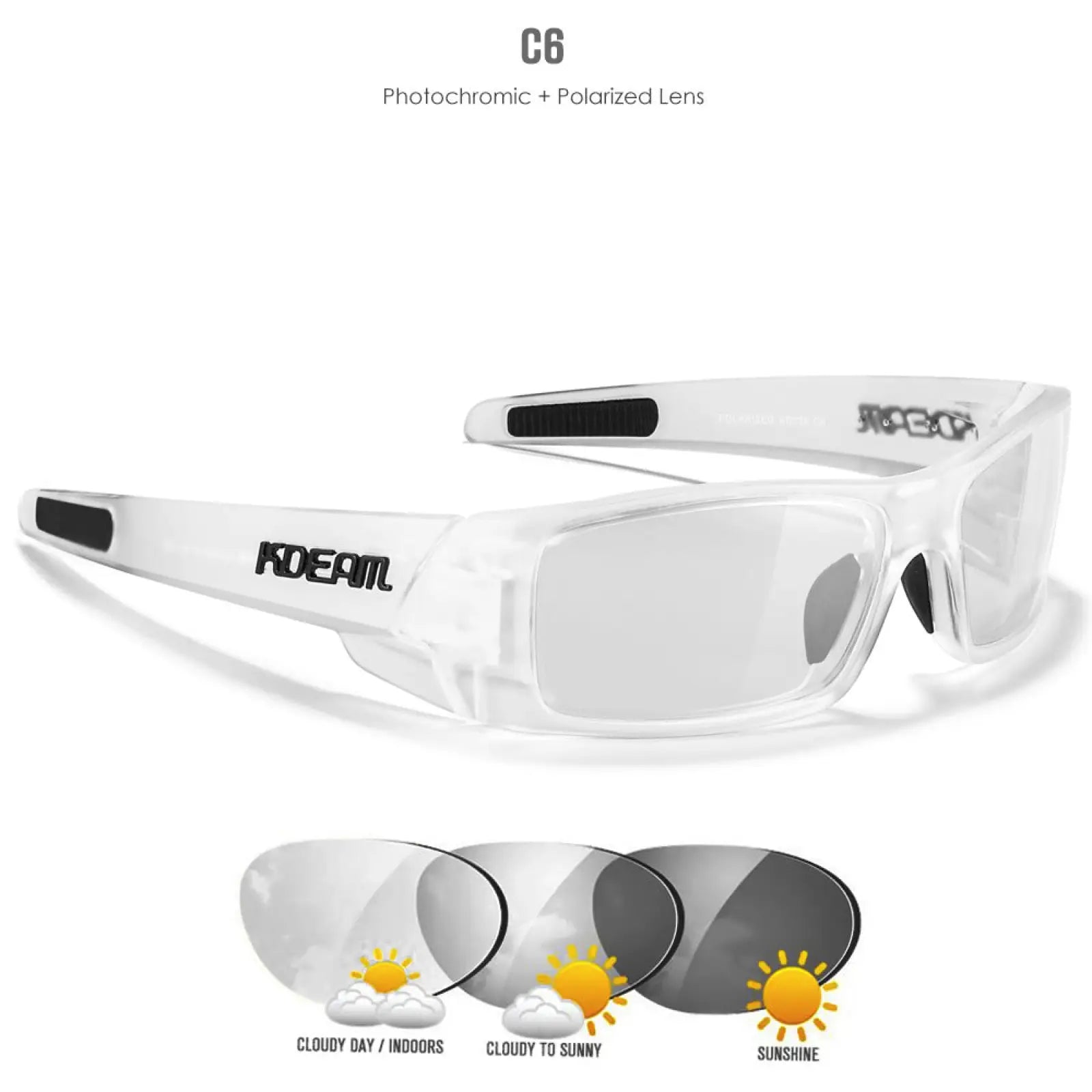 Clear plastic-framed Koda sport polarized square mirror lens sunglasses with photochromic lenses and interchangeable options