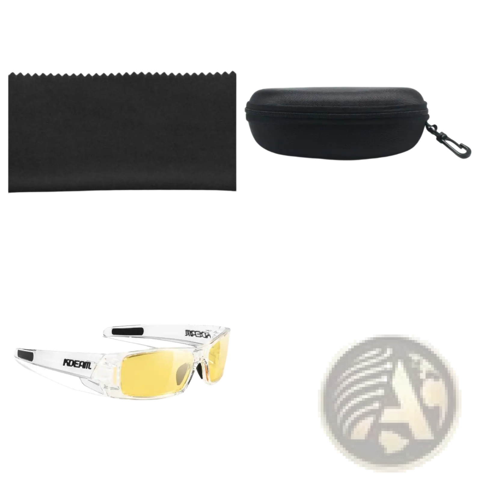Koda Sport polarized square sunglasses with clear frames yellow lenses and black branding on the temples