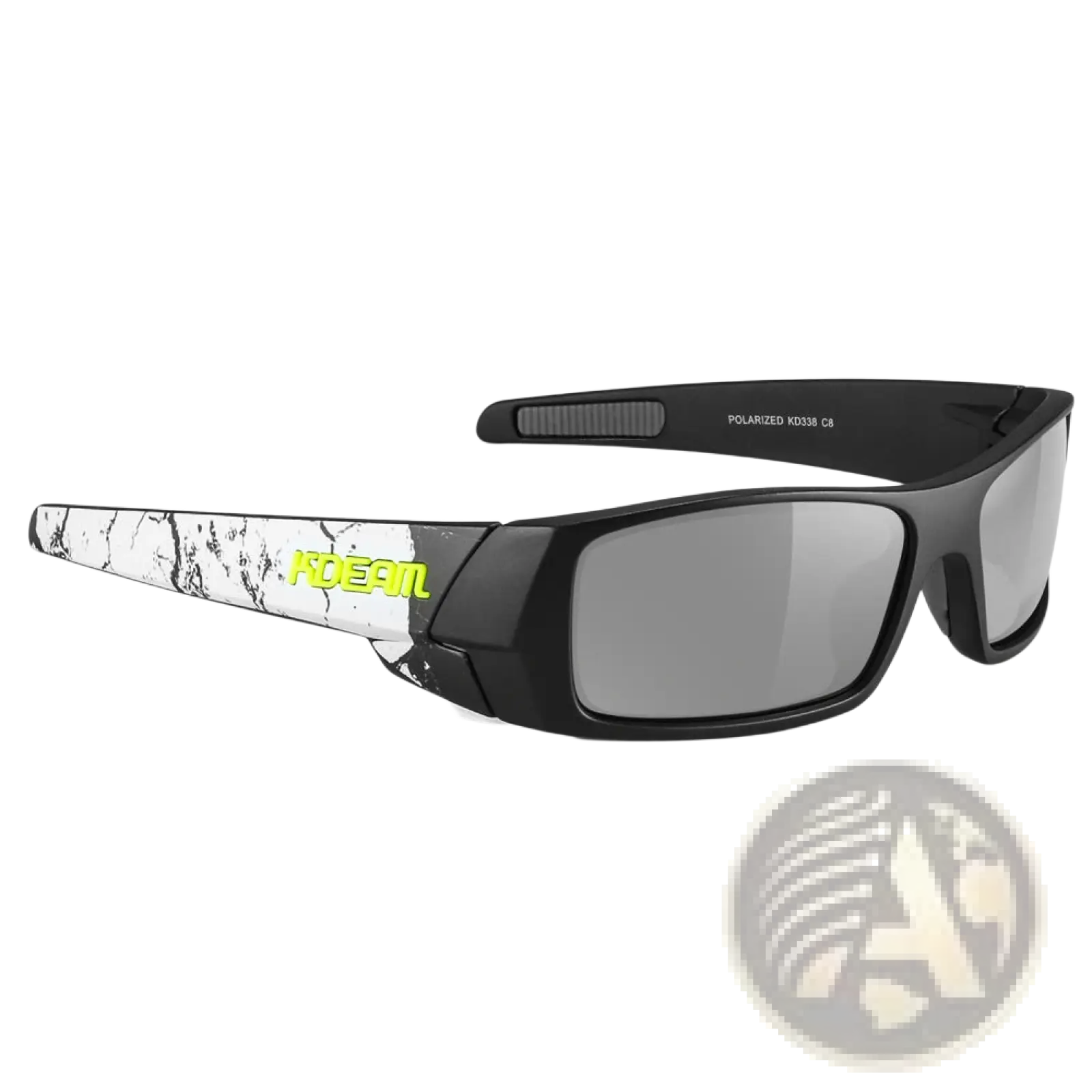 Koda sport polarized square mirror lens sunglasses with black and white marbled acetate and neon green kdean logo