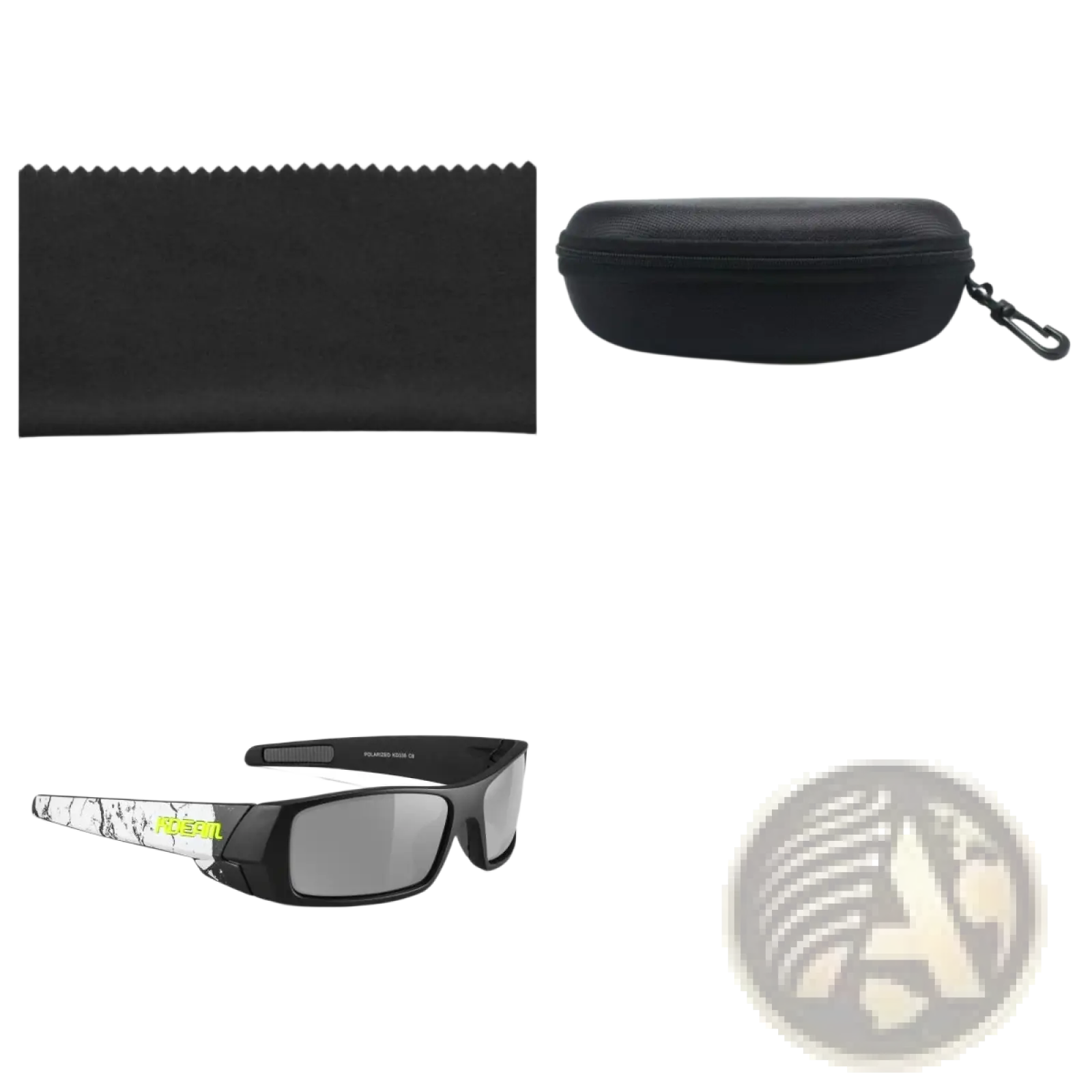 Black-framed Koda Sport polarized square sunglasses with mirrored smoky gray lenses and white marble temples with neon green branding
