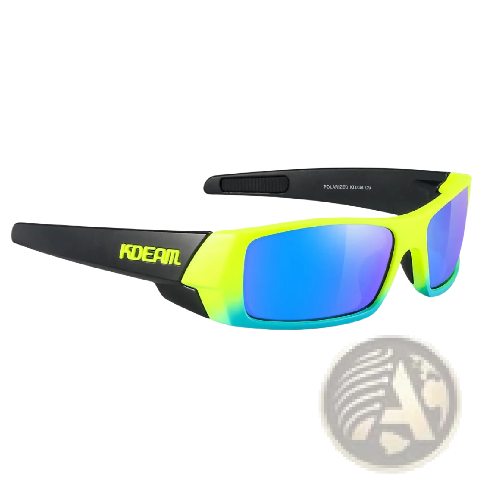 Koda Sport polarized square sunglasses with vibrant neon yellow black frames and mirrored blue polarized lenses