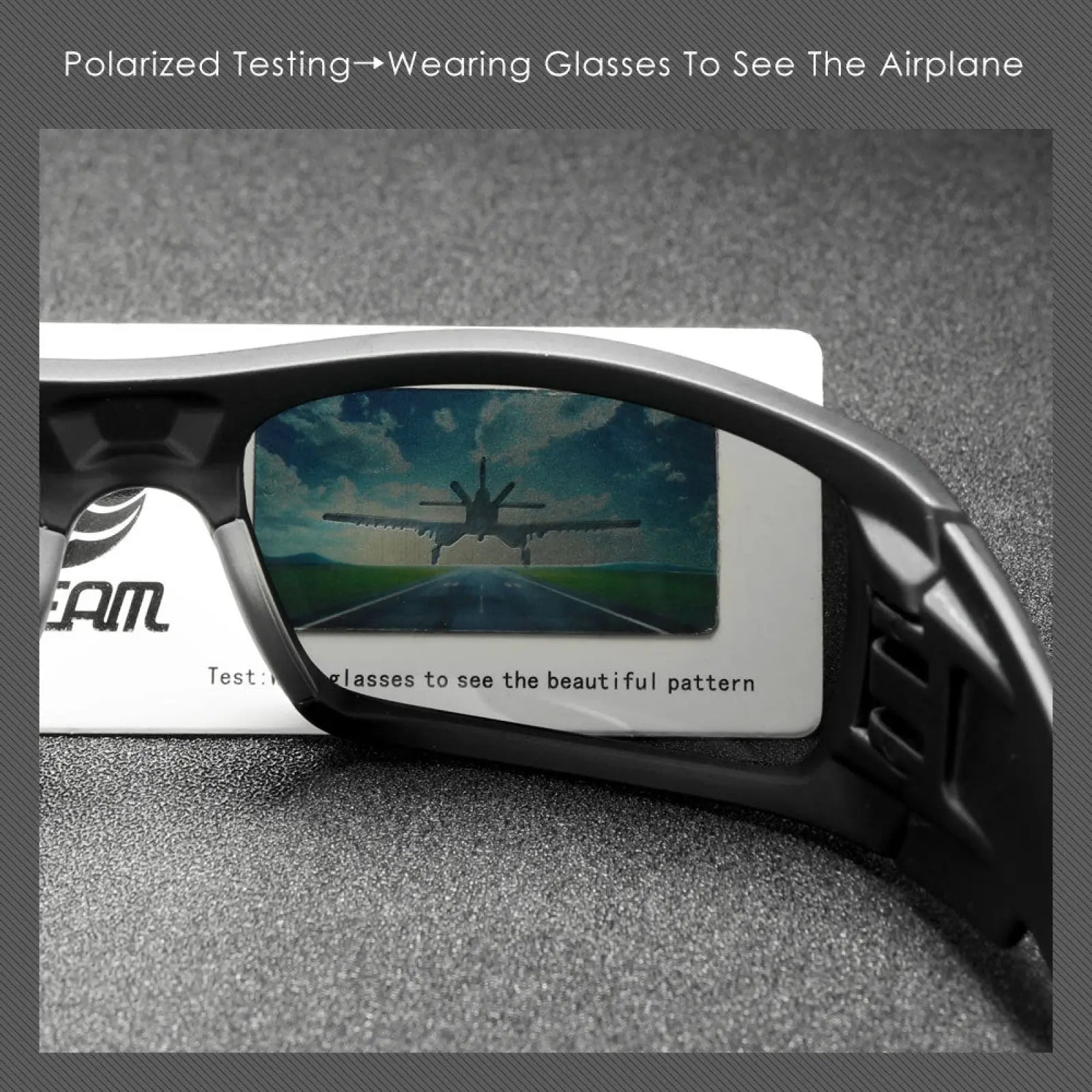 Koda Sport polarized square mirror lens sunglasses with black frames and reflective lenses showing airplane silhouette