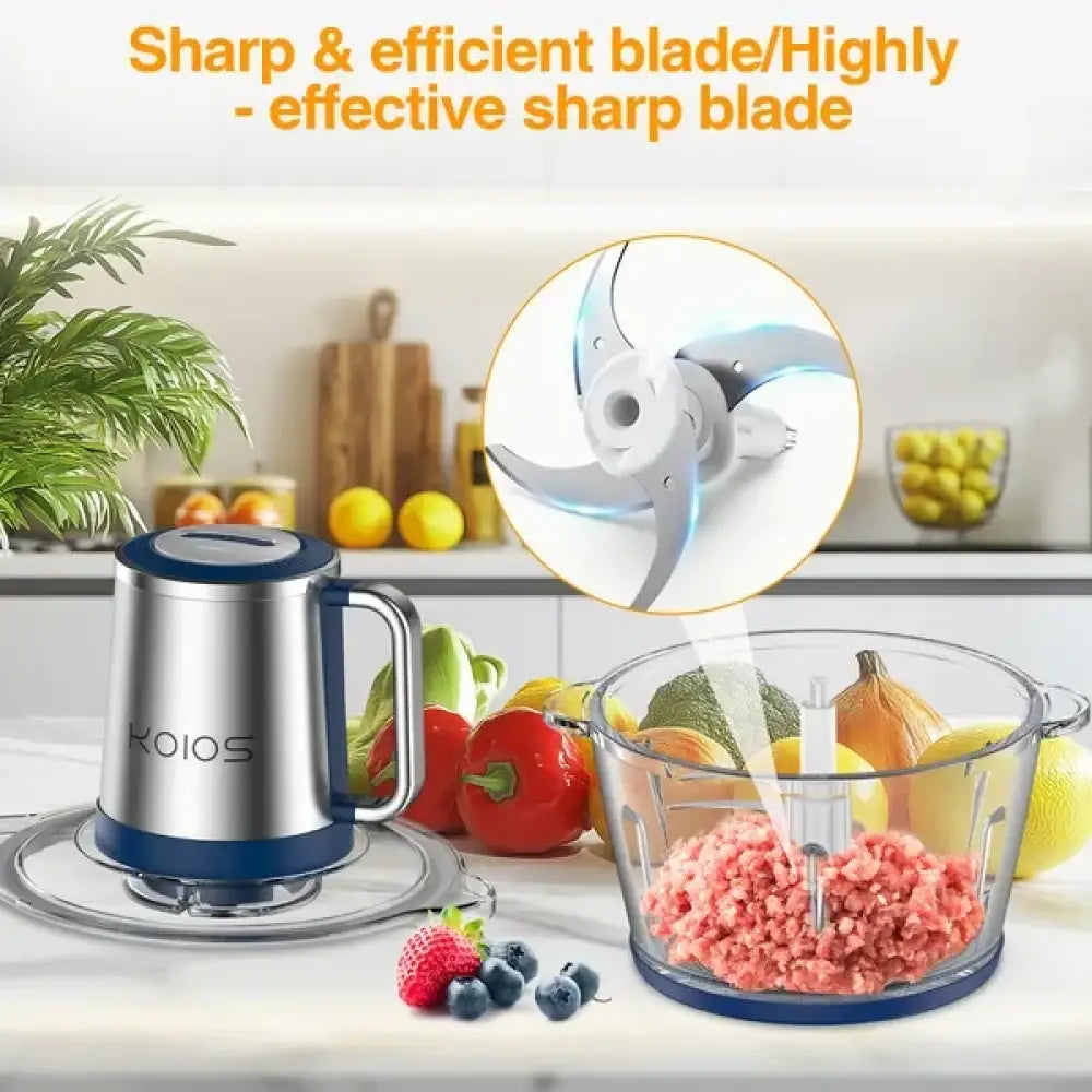 Koios 2l electric food processor with glass bowl featuring a stainless steel and navy blue body and sharp efficient blade