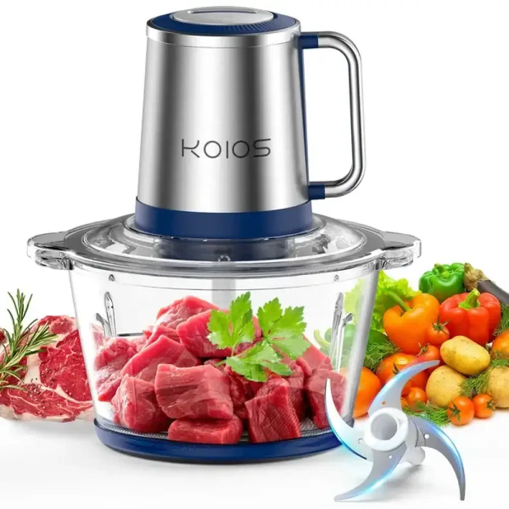 Koios 2l electric food processor with stainless steel and blue body and clear glass bowl filled with chopped meat