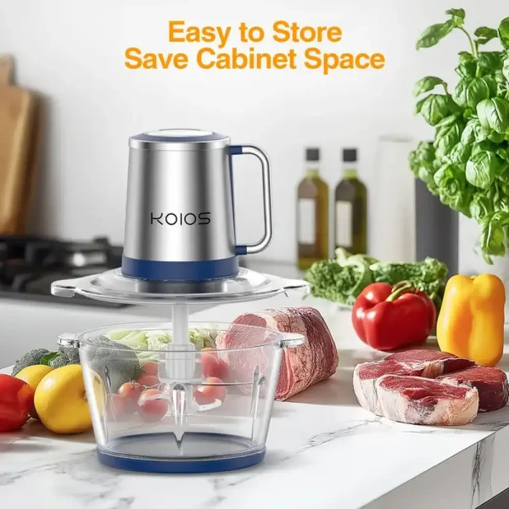 Koios 2l electric food processor with stainless steel and blue accents and clear glass bowl for chopping