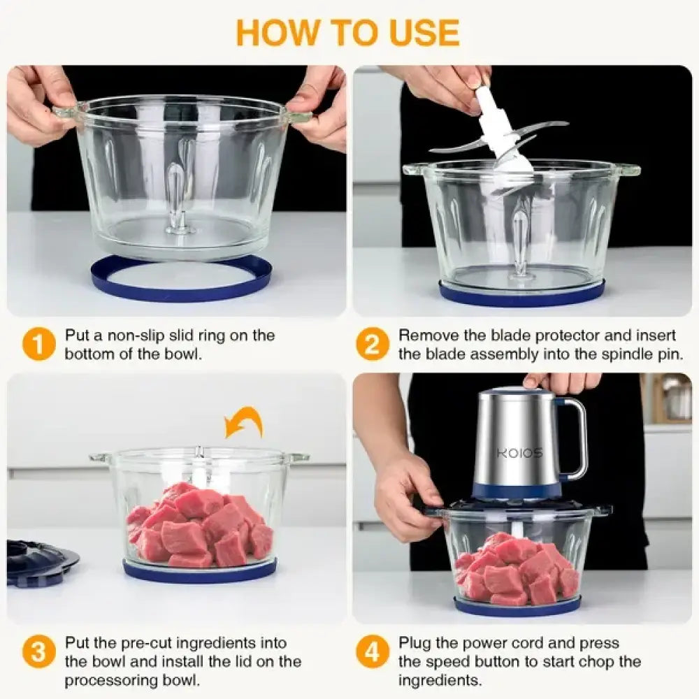 Koios 2l electric food processor with clear glass bowl blue non-slip base and central spindle pin for blade assembly