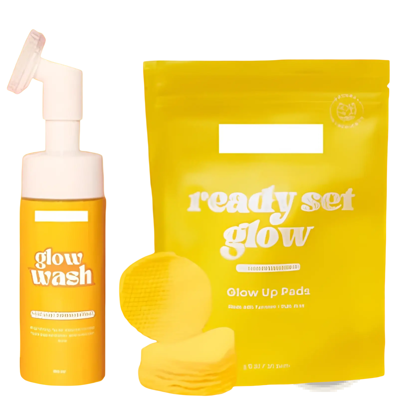 Yellow foam wash bottle with white pump and yellow glow up pads in pouch from kojic acid exfoliating kit with 30 pads
