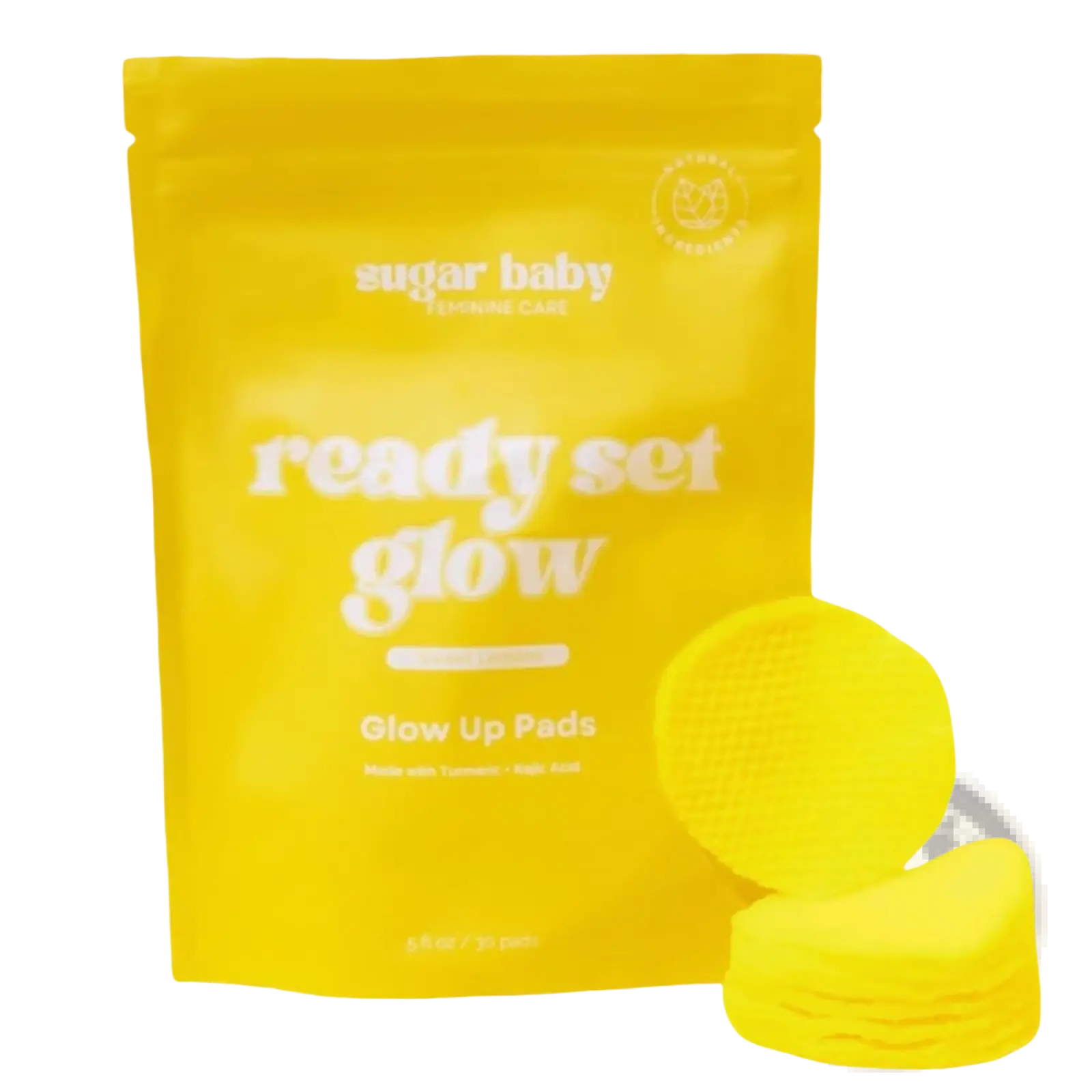 Bright yellow kojic acid exfoliating glow up pads with sugar baby pouch from ready set glow kit of 30 pads