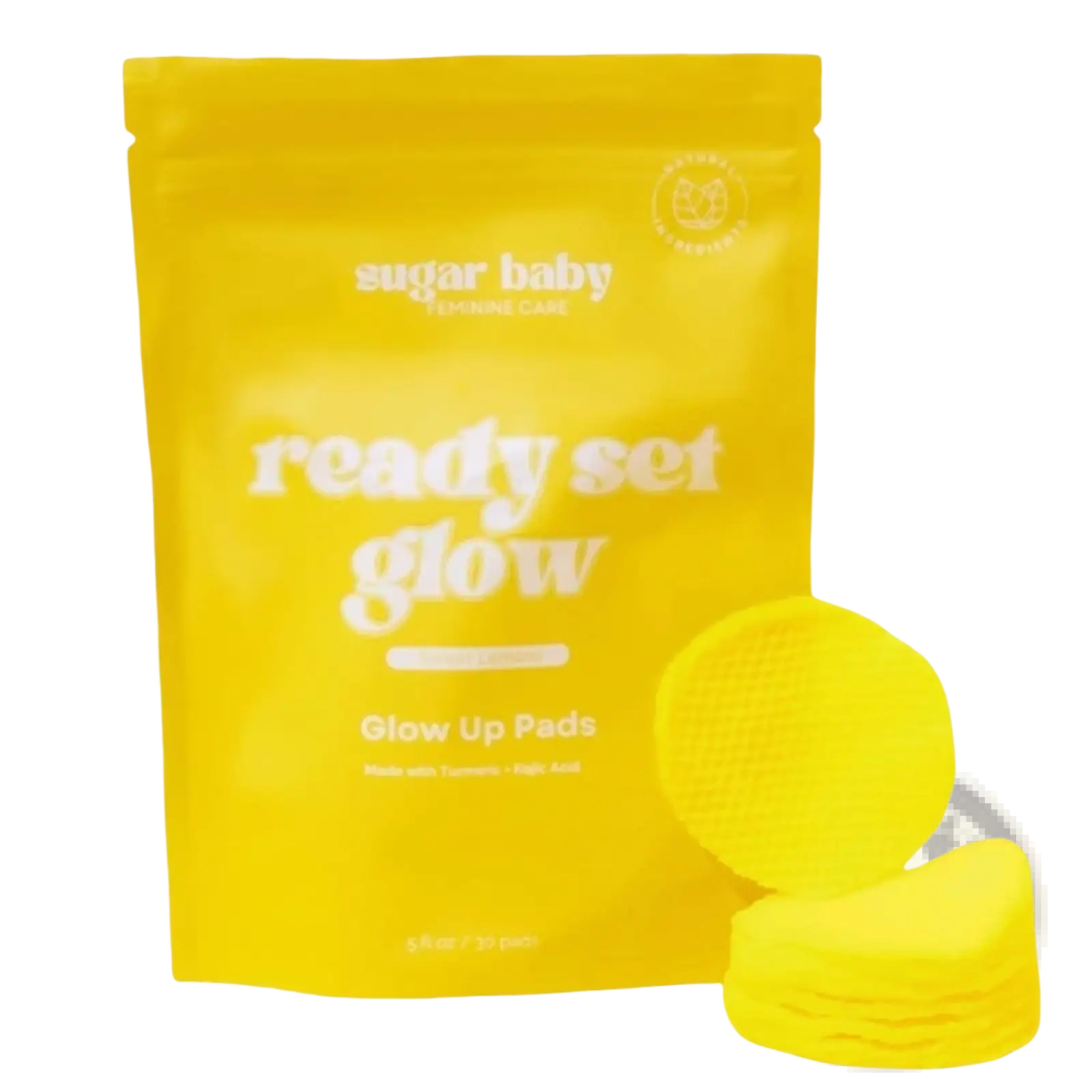 Bright yellow circular kojic acid exfoliating glow up pads displayed in a matching pouch by sugar baby skincare