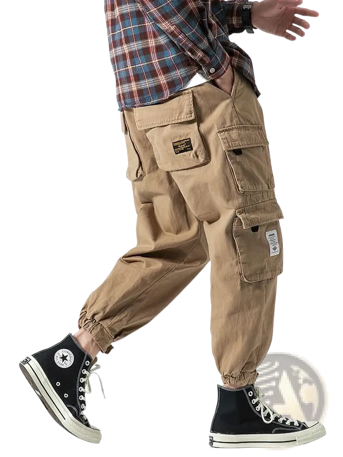 Beige korean cargo jogger pants for men with multiple pockets and fabric patches loose casual trousers