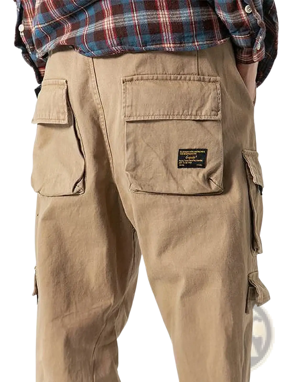 Beige korean cargo jogger pants for men with multiple pockets and black label on the back right pocket seen from back side