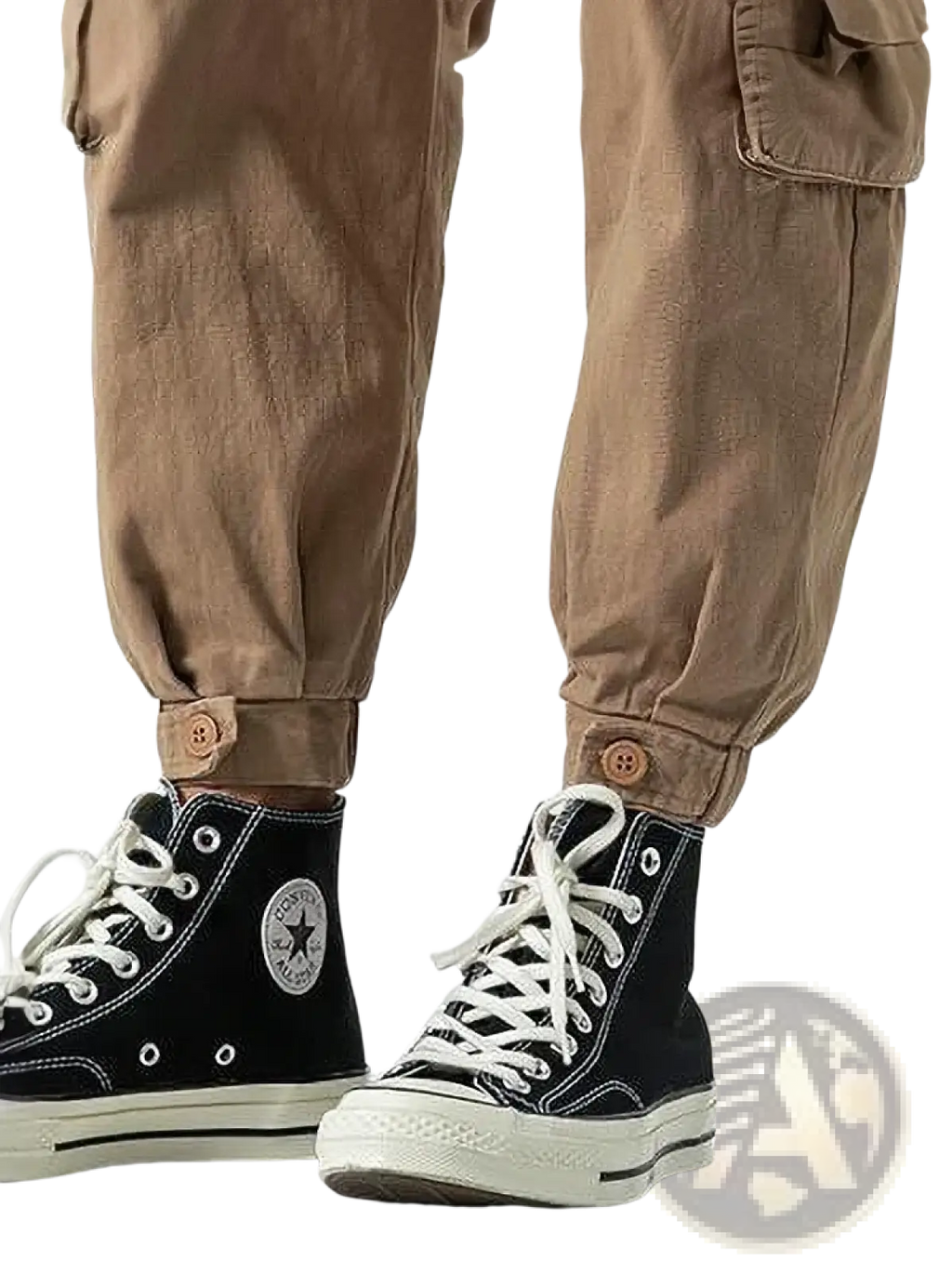 Black high-top converse chuck taylor all star sneakers with white laces paired with korean cargo jogger pants men loose casual trousers