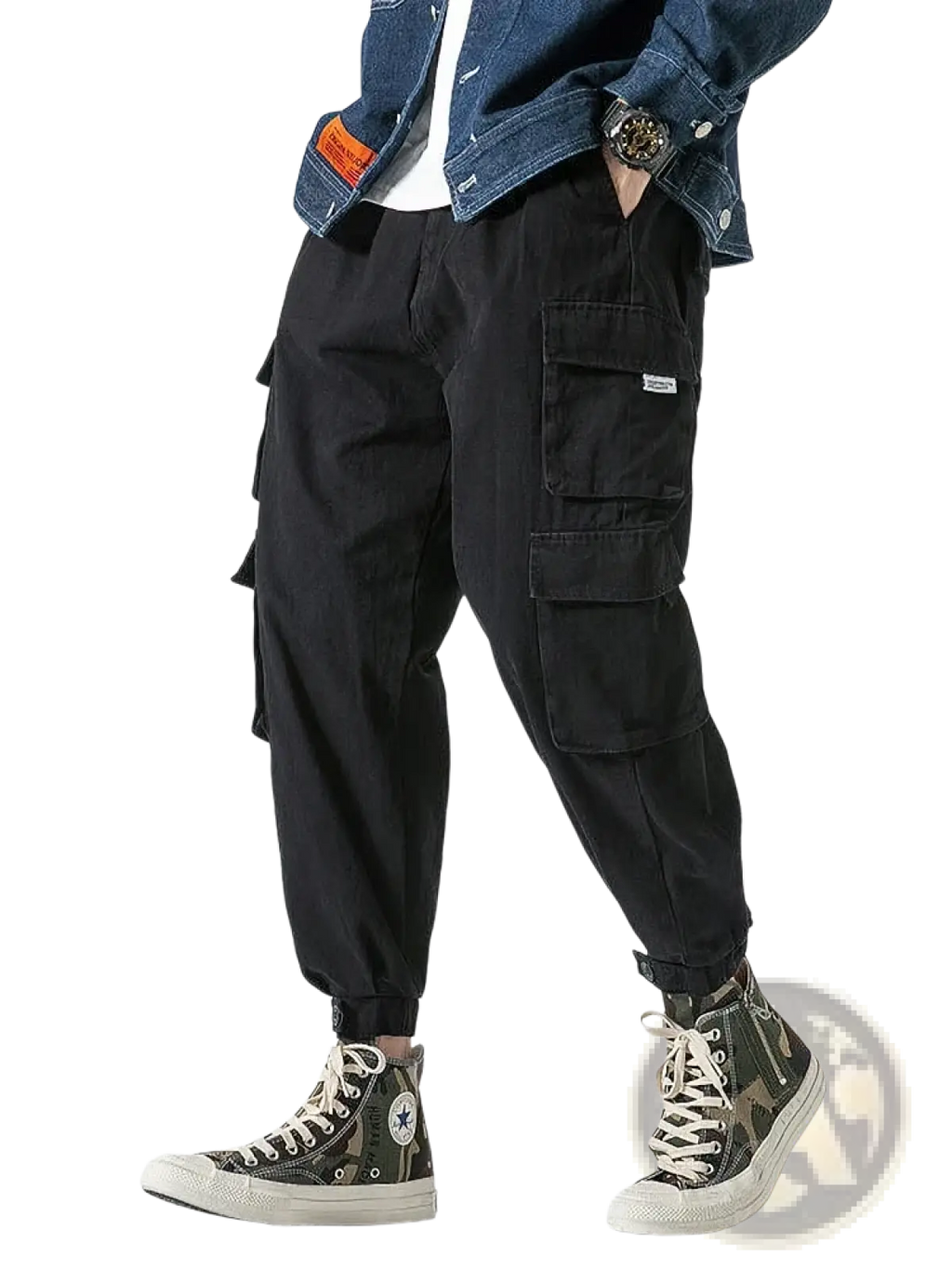 Black Korean cargo jogger pants for men with multiple pockets and a loose tapered casual fit