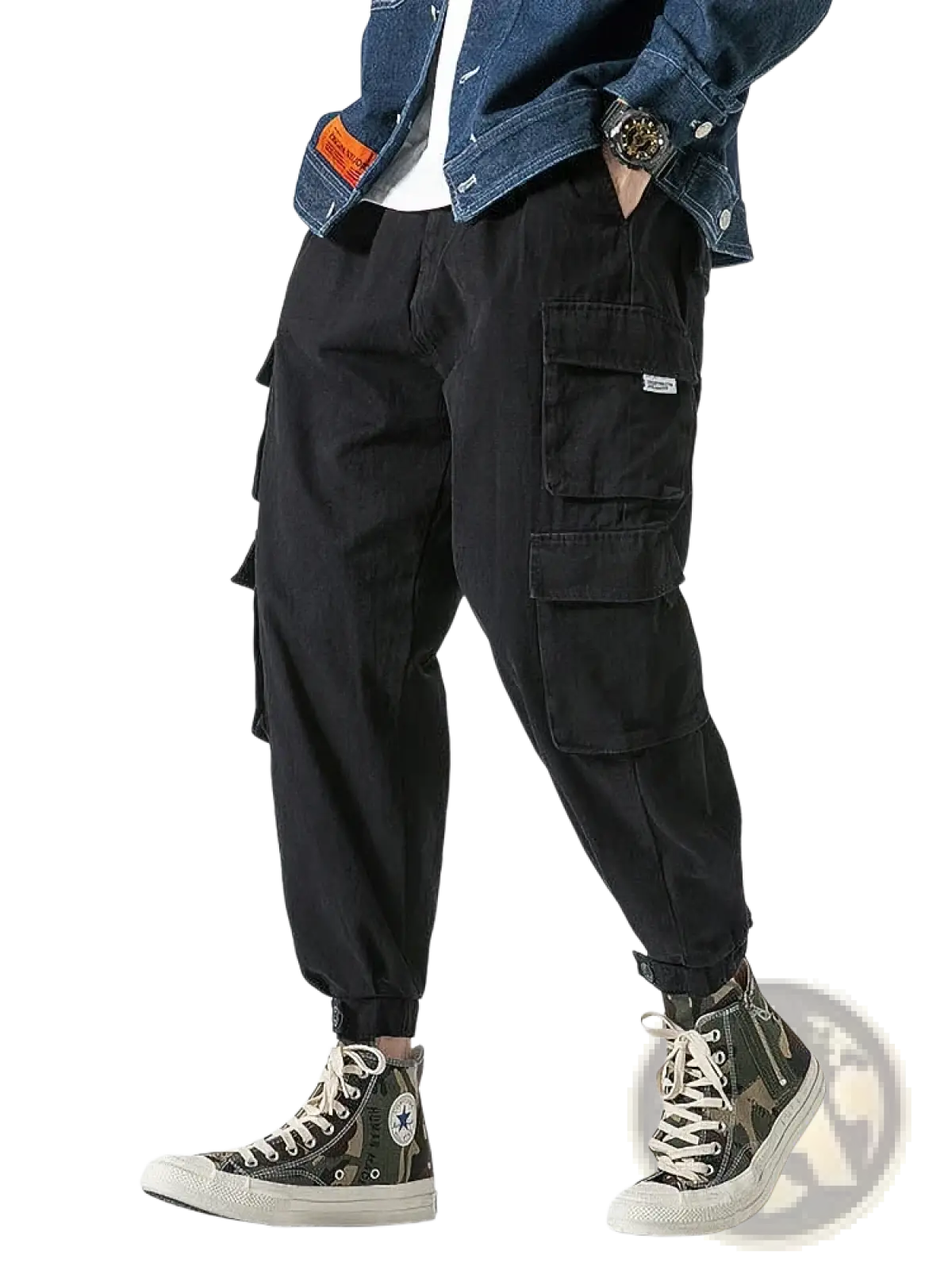 Black Korean cargo jogger pants for men with multiple pockets and a loose tapered casual fit