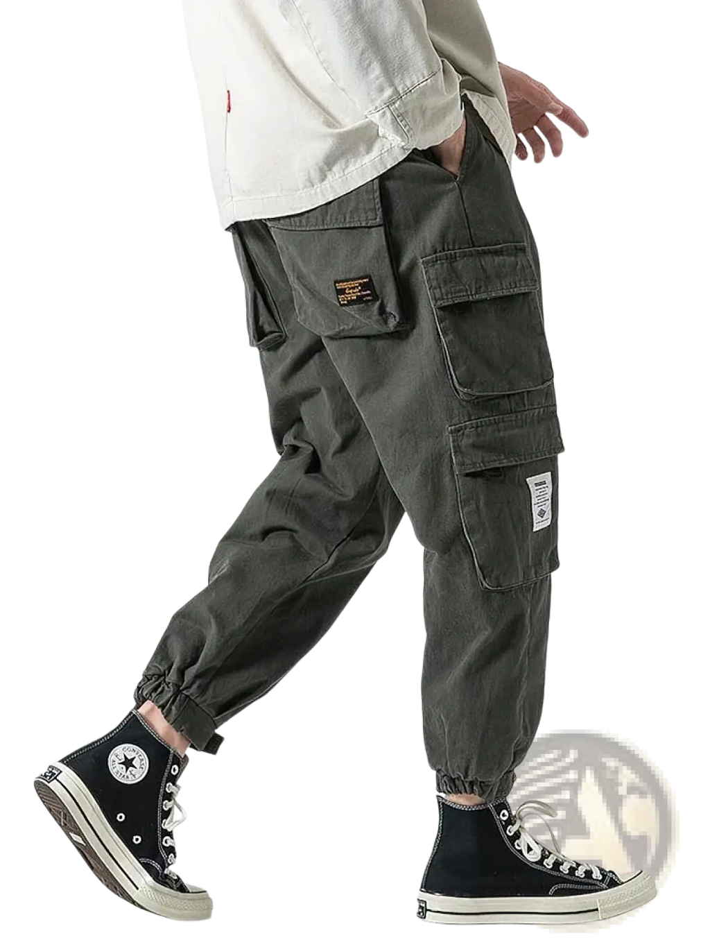 Dark olive green Korean cargo jogger pants for men featuring multiple pockets and fabric patches for casual wear