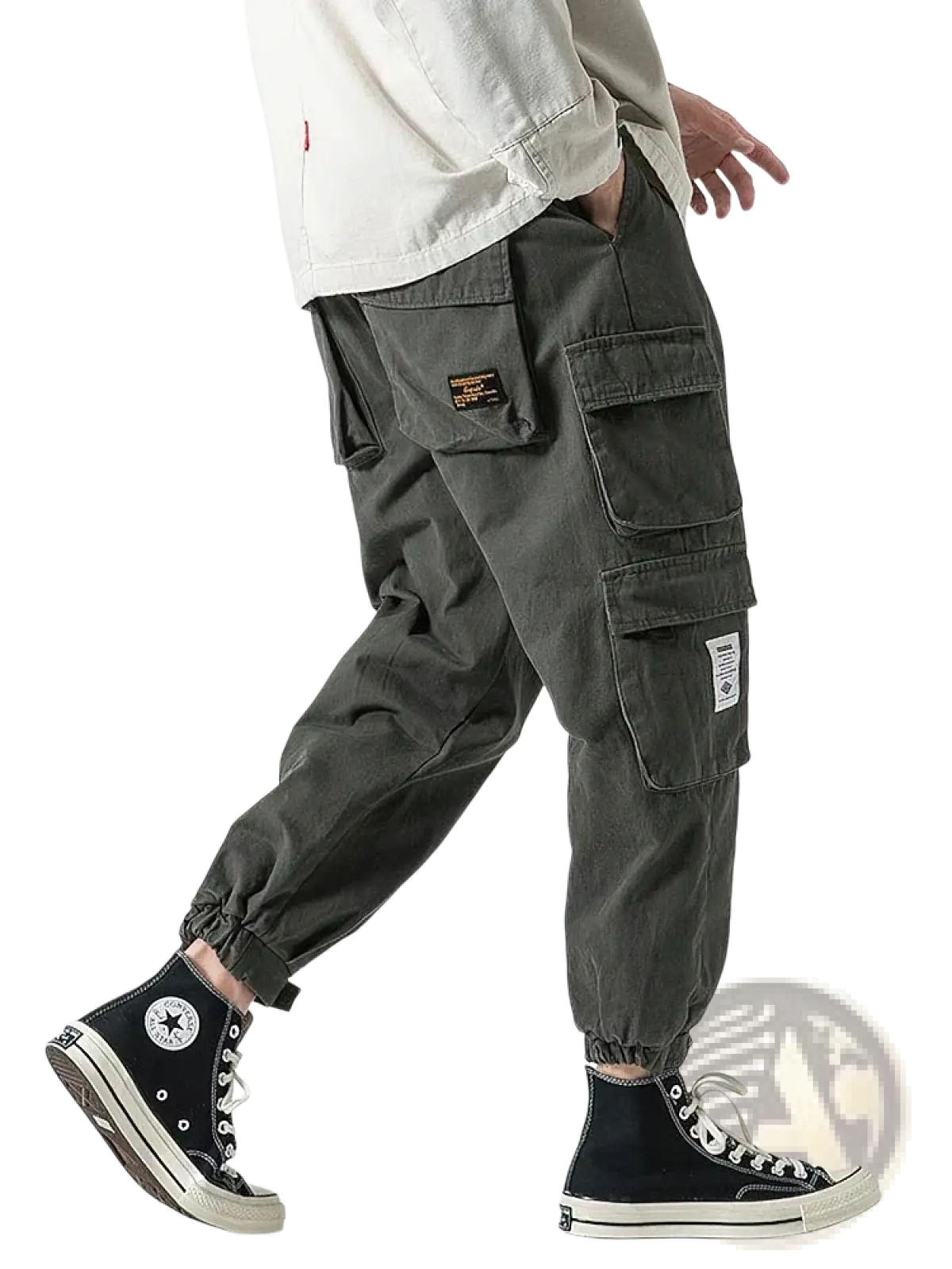 Dark olive green Korean cargo jogger pants for men featuring multiple pockets and fabric patches for casual wear