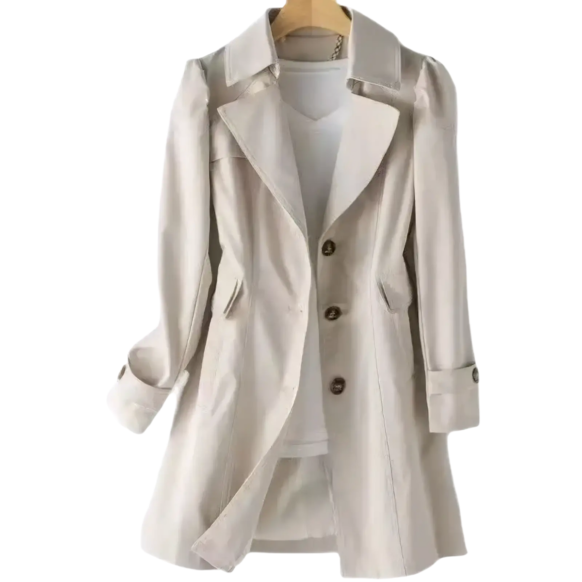 Beige korean double-breasted trench coat with classic collar, three dark buttons, and rolled-up cuffs