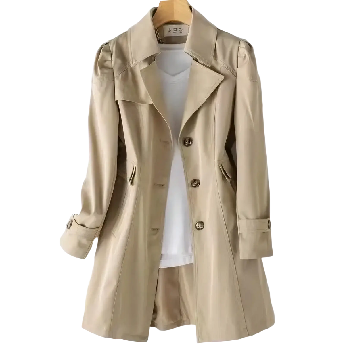 Beige Korean double-breasted trench coat with classic collar buttoned front and structured shoulders in polyester blend