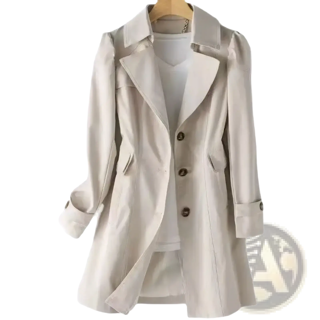 Beige korean double-breasted trench coat with classic collar, three dark buttons, and rolled-up cuffs