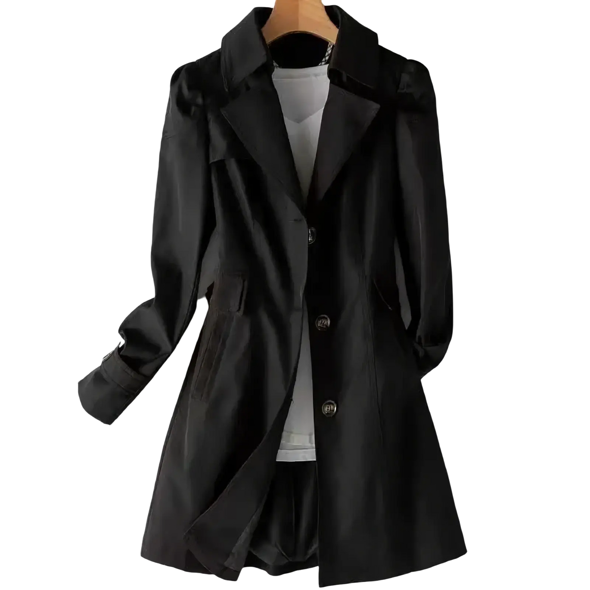 Black satin Korean double-breasted trench coat with classic collar and button closure for formal wear