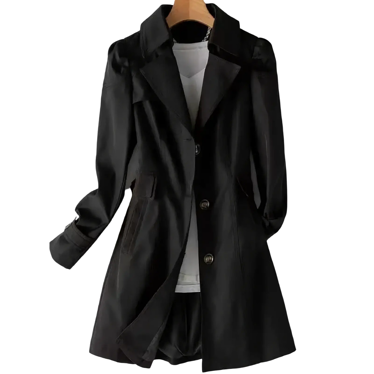 Black satin korean double-breasted trench coat with classic collar and button closure for stylish outerwear